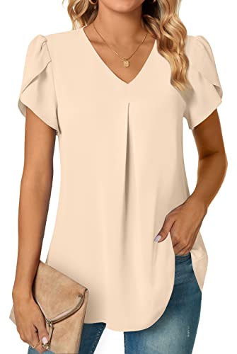 Anyally Womens Summer Dressy Chiffon Blouses Plus Size V Neck Petal Short Sleeve Tunic Tops for Leggings Casual T-Shirts, 2XL Khaki