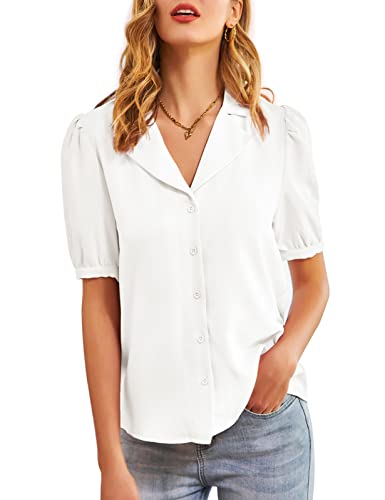 Button Down Shirts for Women Short Sleeve Casual Blouse Loose V Neck Office Elegant Tops White XXL
