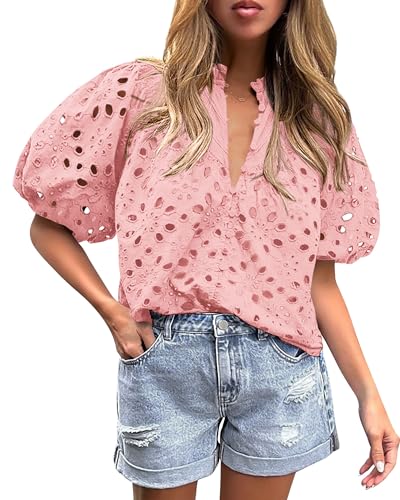 PRETTYGARDEN Women's Summer Tops Dressy Casual Short Lantern Sleeve V Neck Buttons Hollow Out Lace Embroidered Blouses Shirts (Pink,XX-Large)
