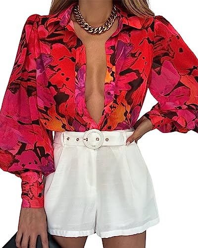 BTFBM Women Fashion Button Down Shirts Lapel V Neck Printed Boho Long Sleeve Blouses Dressy Casual Summer Spring Tops(Floral Red, Medium)