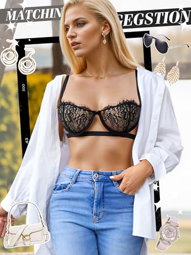 Dlsave Sexy Lingerie for Women Eyelash Lace Mesh Matching Bra and Panty Sets Push Up Lace Bralette 2 Piece Lingerie Set Black