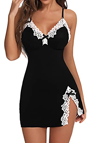 Aranmei Women Sexy Lace Chemise Nightgown Sleepwear V Neck Full Slip Babydoll Lingerie Sleep Dress(Black X-Large)