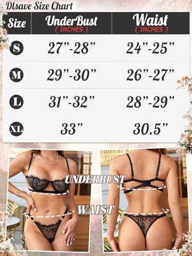 Dlsave Sexy Lingerie for Women Eyelash Lace Mesh Matching Bra and Panty Sets Push Up Lace Bralette 2 Piece Lingerie Set Black