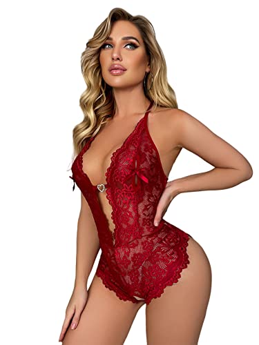 allribelly Women's Lace Bodysuit Sexy Teddy Lingerie Deep V Floral One Piece Babydoll Lingerie Red