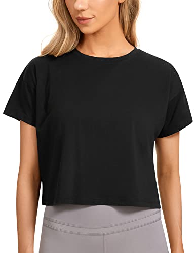 CRZ YOGA Women's Pima Cotton Workout Short Sleeve Shirts Loose Crop Tops Athletic Gym Shirt Casual Cropped T-Shirt Black Medium