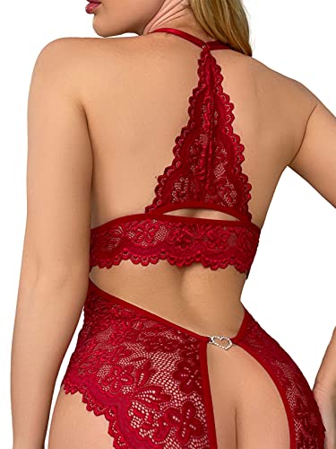 allribelly Women's Lace Bodysuit Sexy Teddy Lingerie Deep V Floral One Piece Babydoll Lingerie Red