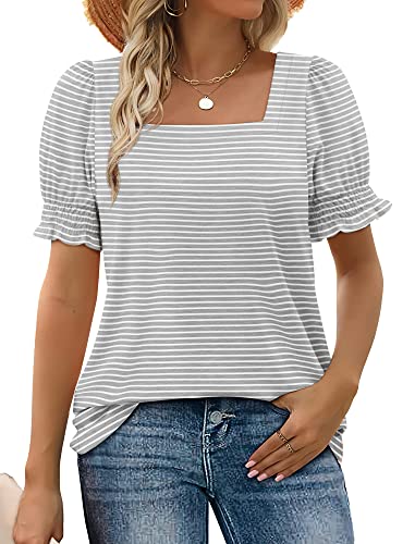 Square Neck Blouses: Elegant Grey Stripe Tops for Women
