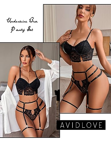 Avidlove Lingerie Sexy Set with Garter Belt Black Lingerie for Women Underwire Push Up Lingerie Lace Clubwear