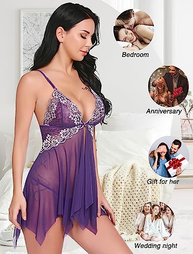 Avidlove Lingerie for Women Lace Babydoll Strap Chemise V N Sleepwear Honeymoon Nightwear Purple