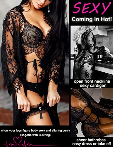 Avidlove lace nightgown lingerie Women's Lace Kimono Robe Babydoll Lingerie Mesh Nightgown Black XL