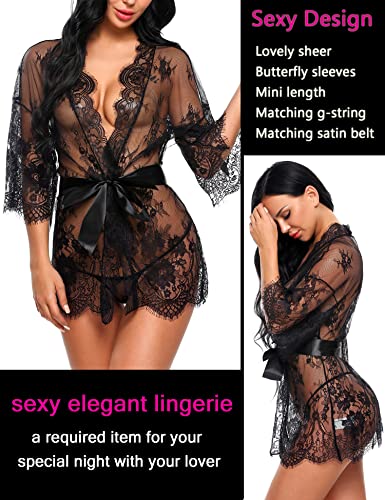 Avidlove lace nightgown lingerie Women's Lace Kimono Robe Babydoll Lingerie Mesh Nightgown Black XL
