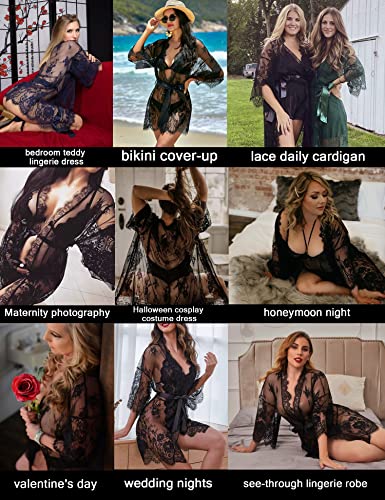 Avidlove lace nightgown lingerie Women's Lace Kimono Robe Babydoll Lingerie Mesh Nightgown Black XL