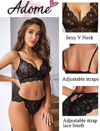 ADOME Women's Lace Lingerie Bra and Panty Set Strappy Babydoll Bodysuit S-XXL (Small, 1Black)