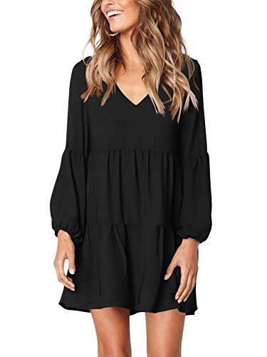 Amoretu Women Summer Casual Swing Ruffle Long Sleeve Tunic Dress Black L
