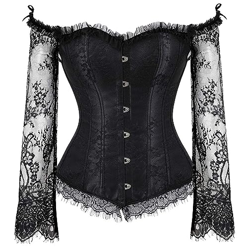 SZIVYSHI Black Corset for Women, Long Sleeve Corsé Shirt, Gothic Tapestry Lace up Boned Overbust Sexy Lingerie Bustier Top, Size S