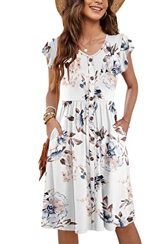 WNEEDU Women Summer Dresses Sleeveless Casual Loose Swing Button Down Midi Dress with Pockets(Floral White,M)