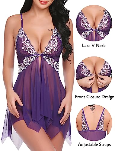Avidlove Women Lingerie Lace Babydoll V Neck Nightwear Strap Chemise Purple XL