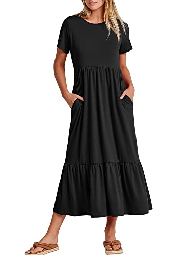 ANRABESS Women Summer Casual Short Sleeve Crewneck Aline Swing Flowy Tiered Shirt Maxi Beach Long Dress 2024 Trendy Outfits Black X-Large