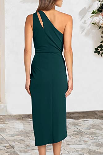PRETTYGARDEN Women's One Shoulder Ruched Bodycon Dress 2024 Summer Cutout Slit Wrap Party Cocktail Midi Dresses (Dark Green,Large)