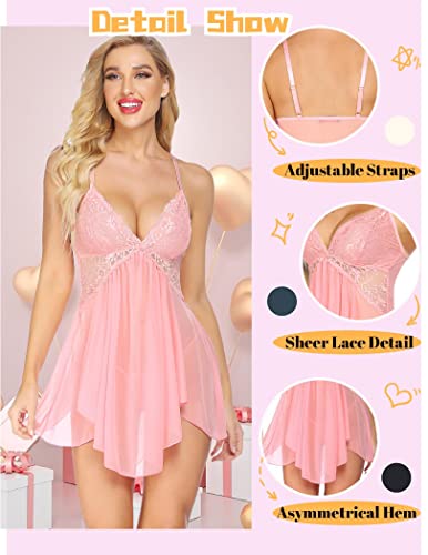 Avidlove Babydoll Lingerie for Women Sexy Lace Lingerie Drees Slutty Negligee Naughty Boudoir Lingerie(Pink,M)