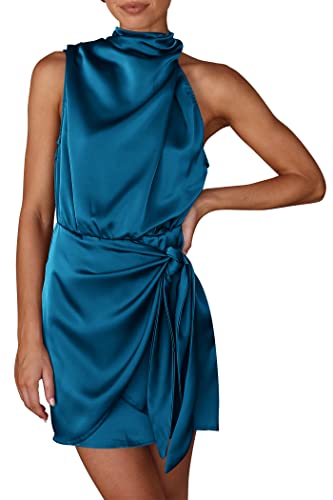 PRETTYGARDEN Women's Short Formal Satin Dress Summer Sleeveless Mock Neck Tie Waist Cocktail Party Dresses (Navy,Small)