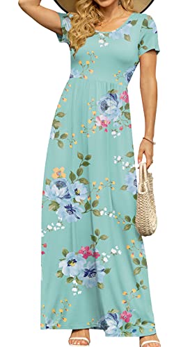 DB MOON Womens 2024 Casual Summer Maxi Dresses Short Sleeve Empire Waist Spring Long Dress with Pockets(Mint Green Floral, M)