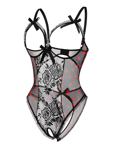 Avidlove Women One Piece Lingerie Sexy Lace Babydoll Mini Bodysuit Black Heart Medium
