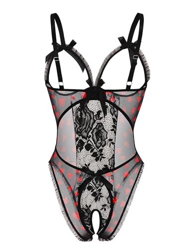 Avidlove Women One Piece Lingerie Sexy Lace Babydoll Mini Bodysuit Black Heart Medium