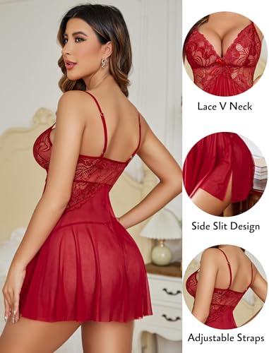 Avidlove Women Lace Lingerie for Valentine Babydoll Sexy Sleepwear V Neck Nightgown Side Split Nighties Nightdress Dark Red