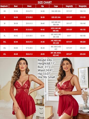 Avidlove Women Lace Lingerie for Valentine Babydoll Sexy Sleepwear V Neck Nightgown Side Split Nighties Nightdress Dark Red