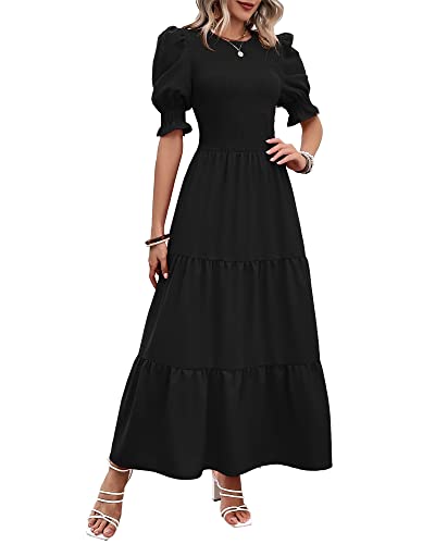 BTFBM Women Casual Summer Dresses 2024 Spring Crew Neck Ruffle Short Sleeve Floral Print Smocked Boho Flowy Maxi Dress(Solid Black, Large)
