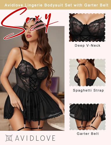 Avidlove Sexy Lingerie for Women Lace Babydoll Sleepwear Boudoir Outfits with Garter Belt Black X-Large