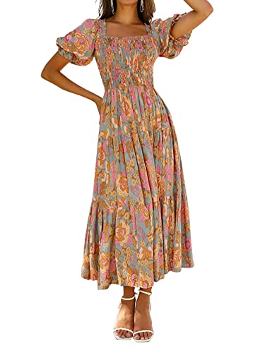 ZESICA Women's 2024 Summer Boho Floral Print Square Neck Ruffle Swing Beach Long Maxi Dress,GreyGreen,Medium