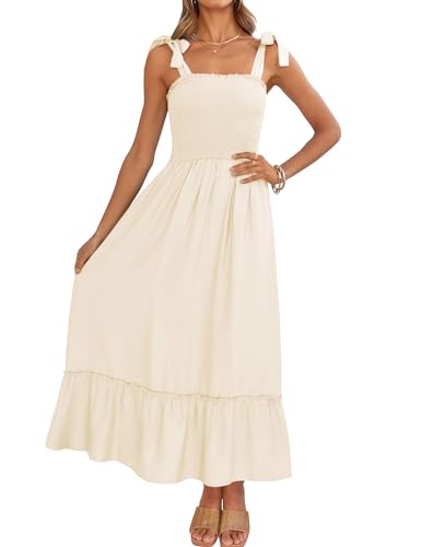 ZESICA Women's 2024 Summer Boho Spaghetti Strap Square Neck Solid Color Ruffle A Line Beach Long Maxi Dress,Apricot,Large