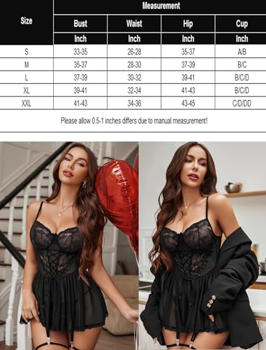 Avidlove Sexy Lingerie for Women Lace Babydoll Sleepwear Boudoir Outfits with Garter Belt Black X-Large