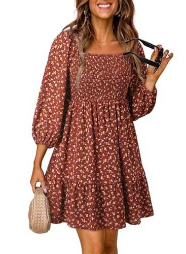 Dokotoo Summer Dresses for Women 2024 Boho Smocked Square Neck 3/4 Sleeve Ruffle Bohemian Floral Printed Casual Empire Waist Mini Babydoll Cute Dress A-Line Short Sun Dress Sundress Red Medium