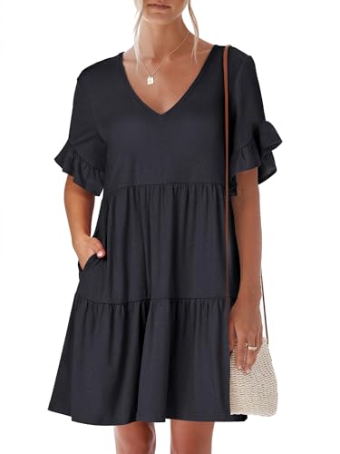 ANRABESS Women's 2024 Summer Trendy V Neck Ruffle Short Sleeve A Line Tiered Flowy Casual Mini Beach Dress with Pockets Navy Blue Large