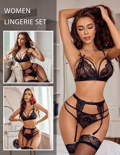 Avidlove Women Lingerie Set Lace Teddy Strap Babydoll Bodysuit with Garter Belts (Black-1, X-Large)