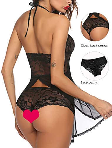 Avidlove Lingerie for Women Lace Babydoll Halter Chemise V Neck Nightgown Sexy Sleepwear Nightdress Black