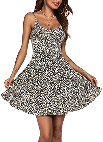ACEVOG Summer Dresses for Women Beach Casual Floral Spaghetti Strap Fit & Flare Sundress Short V Neck Island Vacation Dresses Black