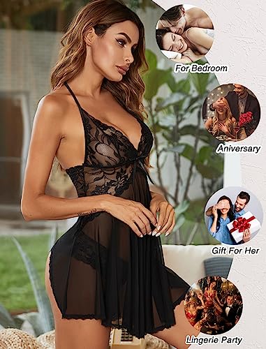 Avidlove Lingerie for Women Lace Babydoll Halter Chemise V Neck Nightgown Sexy Sleepwear Nightdress Black