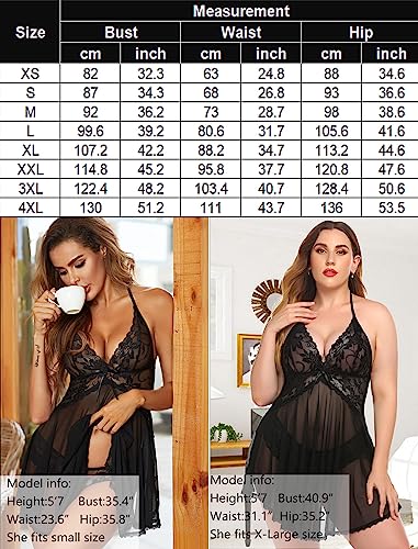 Avidlove Lingerie for Women Lace Babydoll Halter Chemise V Neck Nightgown Sexy Sleepwear Nightdress Black