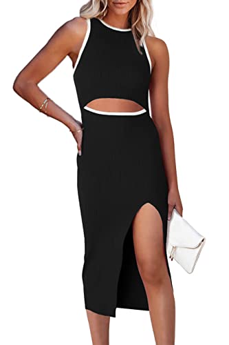 PRETTYGARDEN Women's Summer Midi Bodycon Dresses Casual Crew Neck Side Slit Sleeveless Knit Cut Out Tank Top Dress (Z-Black,Small)