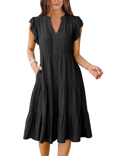 ANRABESS Womens Summer Ruffle Sleeve V Neck Midi Dress 2024 Fashion Casual Fit Flowy Tiered Boho Beach Vacation Sundress Black-M