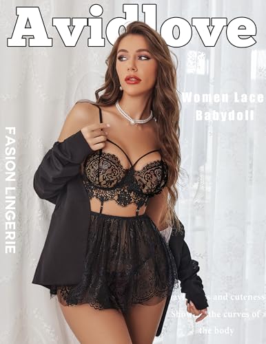 Avidlove Babydoll Strappy Chemise V Neck Bodysuit Sexy Sleepwear Black Large