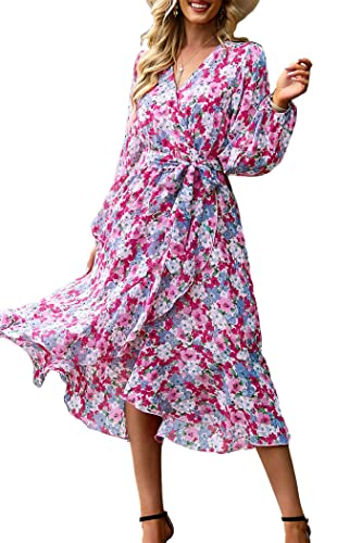 PRETTYGARDEN Women's Floral Print Boho Dress Long Sleeve Wrap V Neck Ruffle Belted A-Line Flowy Maxi Dresses (Floral Pink,X-Large)
