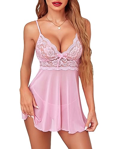Avidlove Pink Lace V-Neck Babydoll Lingerie