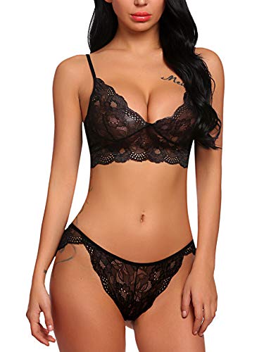 ADOME Women's Lace Lingerie Bra and Panty Set Strappy Babydoll Bodysuit S-XXL (Small, 1Black)