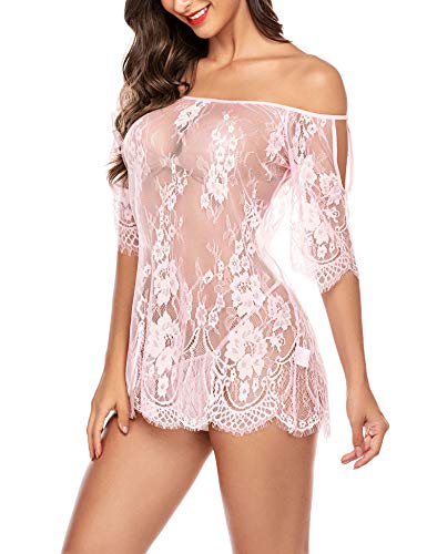 Avidlove Women Lingerie Lace Babydoll V Neck Sleepwear Strap Chemise(Pink,XL)