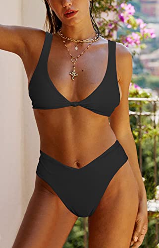 geluboao Womens Black Bikini Set High Waisted V Neck Swimsuit Sexy Kont Front Push Up Cheeky Brazilian Cut Thong Two Piece Bathing Suit M